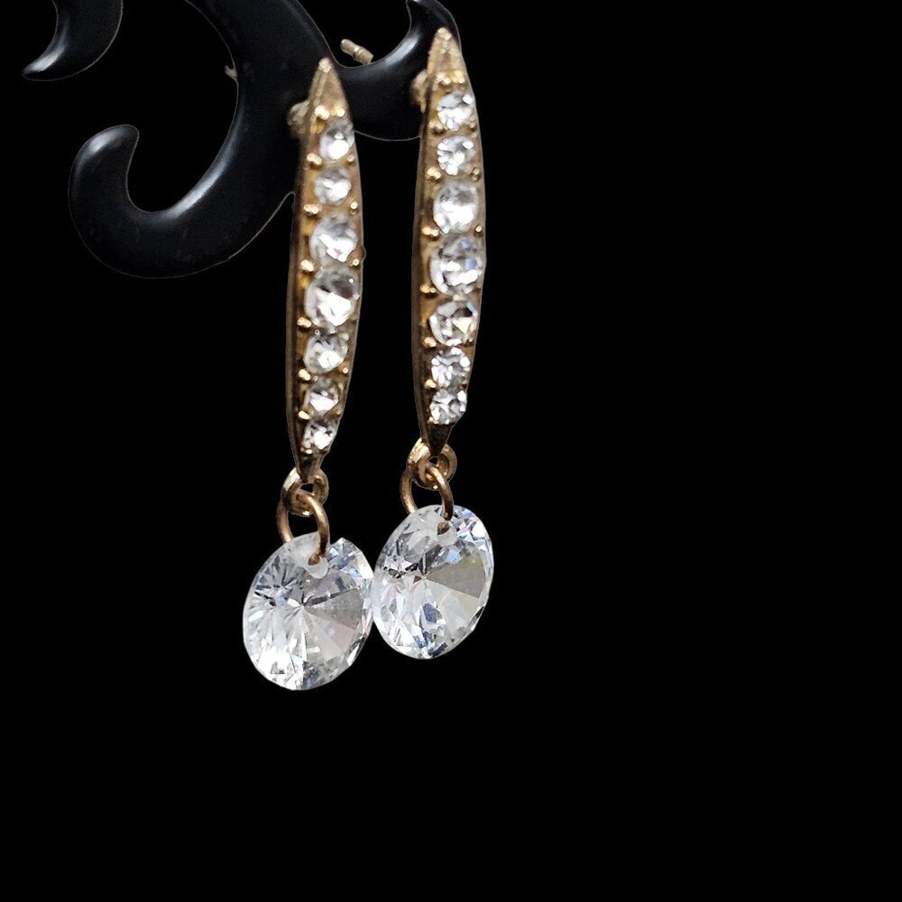 Gold Tone Rhinestone New Drop Diamante Dangle Post Earrings